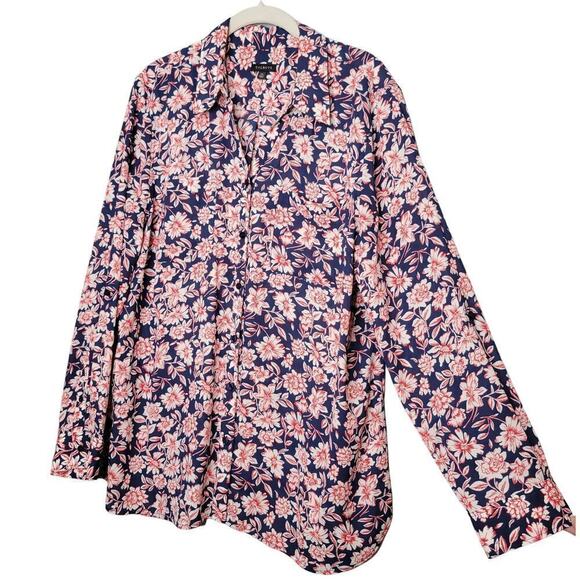 Talbots shirt womens size XL navy blue red floral button up top roll tab sleeves - Picture 1 of 12